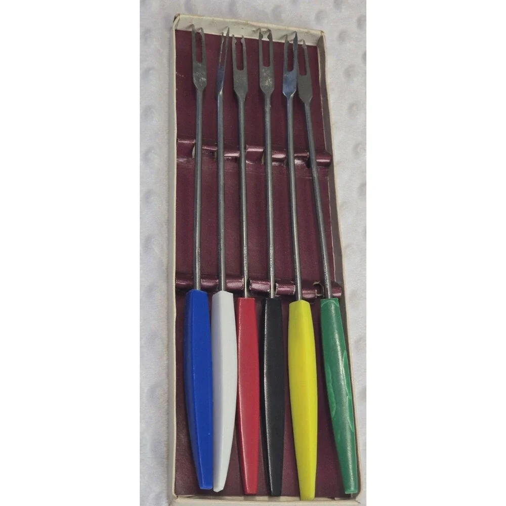 Vintage Fondue Forks 6 Piece Stainless Steel MCM Original Box Wood Grain Handles